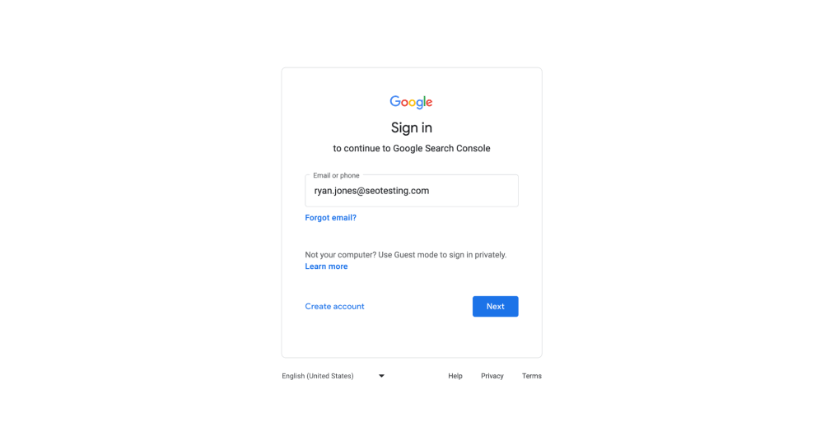 Google Search Console login page.