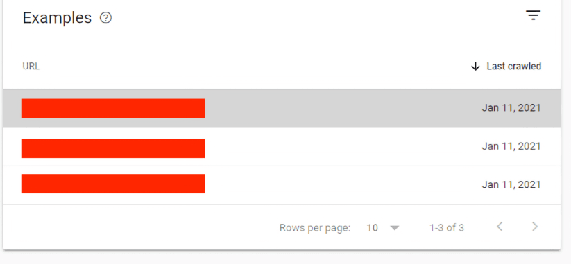 List of URLs marked as noindex in Google Search Console.