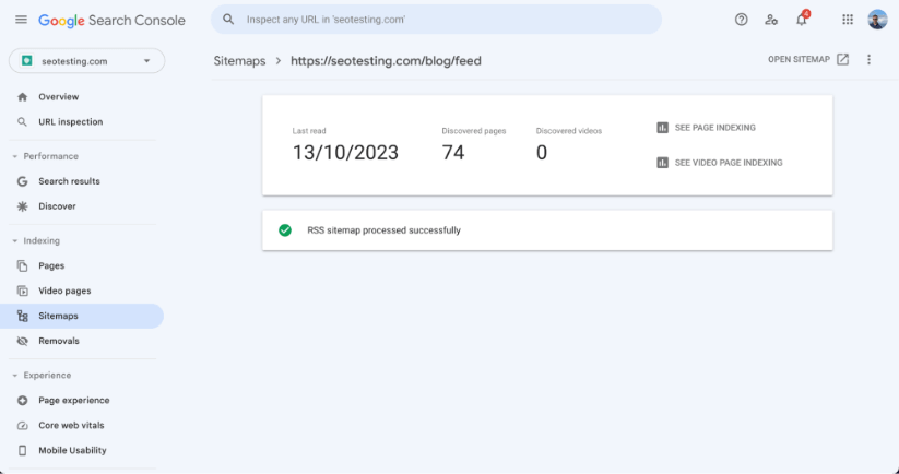 Sitemap detail data in Google Search Console.