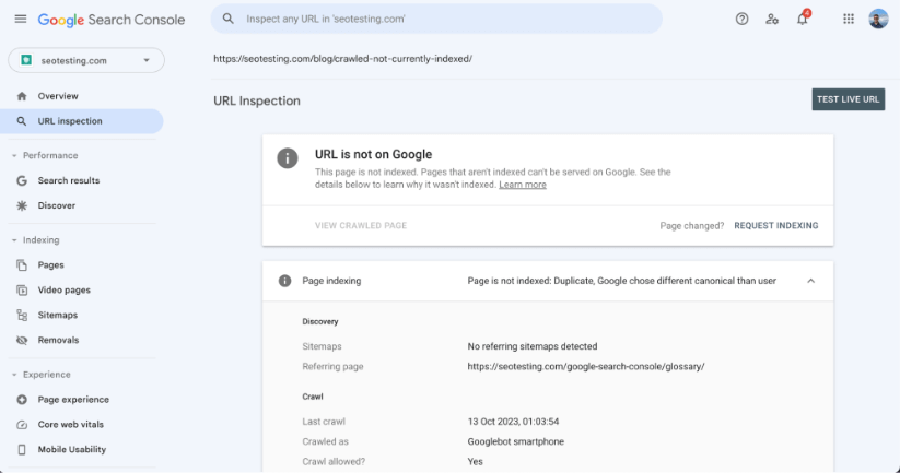 URL inspection tool in Google Search Console.