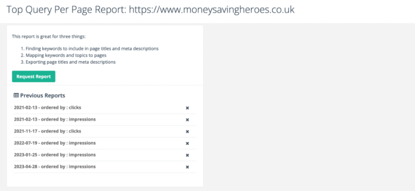 List of requested Top Query Per Page Report in SEOTesting.