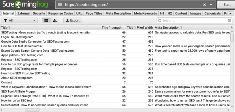 ScreamingFrog crawl report showing internal data like H1 and meta description.