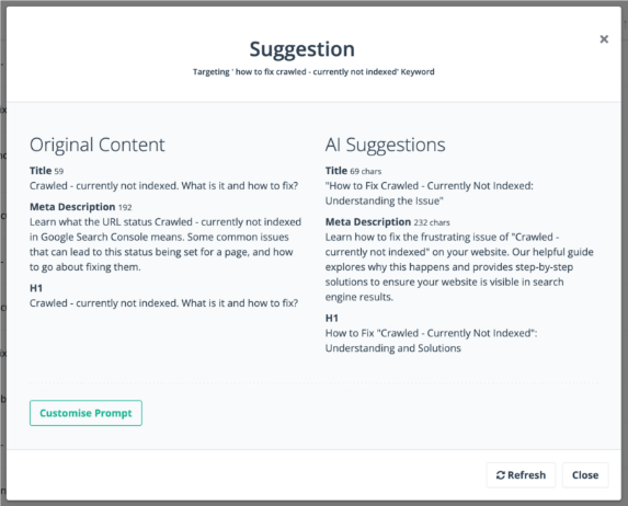 AI suggestions on the Top Query Per Page Report.