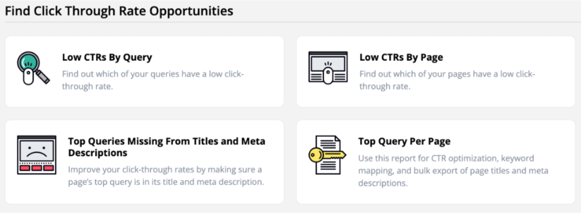 The Top Query Per Page report is on the 'Find Click Through Rates Opportunities' section of SEOTesting.