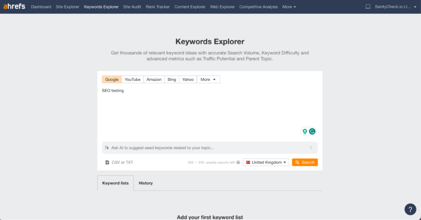 Ahrefs Keywords Explorer tool interface with 'SEO testing' typed into the search field