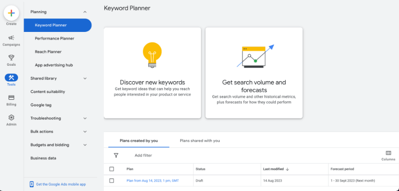 Screenshot of Google Keyword Planner tool with options for discovering new keywords and getting search volume.