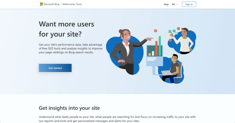 Homepage of Microsoft Bing Webmaster Tools with a header asking 'Want more users for your site?'. It features illustrations of people analyzing data and a button to get started with SEO tools to improve site ranking on Bing.