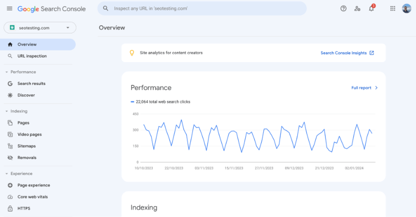 Screenshot of the Google Search Console overview page for the website seotesting.com. It displays a graph under 'Performance' with web search clicks over time and a menu on the left with various options like URL Inspection and Indexing.