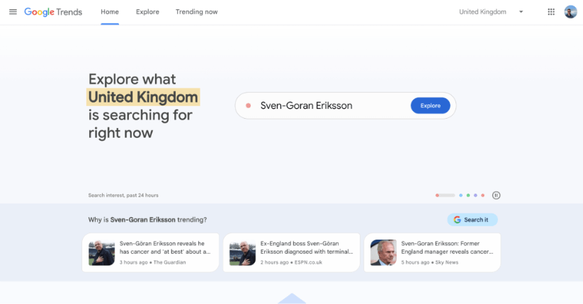 Google Trends homepage focused on the United Kingdom recent news articles related to Sven-Goran Eriksson.