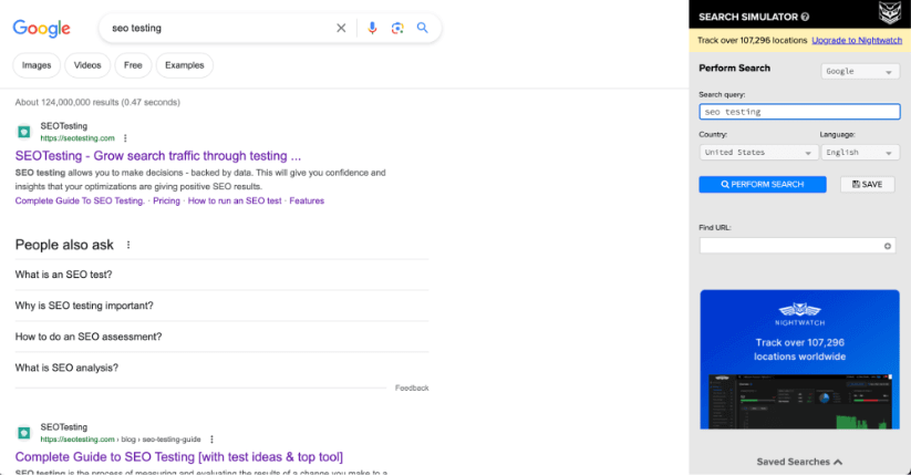 A Google search results page for 'seo testing' with listings for SEOTesting.com. On the right is the interface of the Nightwatch Search Simulator showing options to track locations worldwide and a field to perform a search.