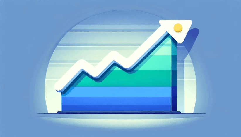Illustration of a stylized rising trend line graph within an arch, showcasing growth with a sun detail at the peak, against a minimalistic blue background.