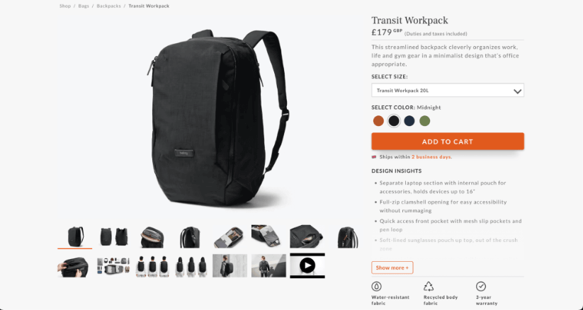 Bellroy's bagpack product display page.