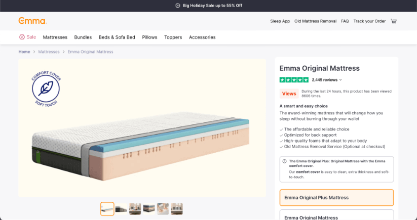 Emma mattress product display page.