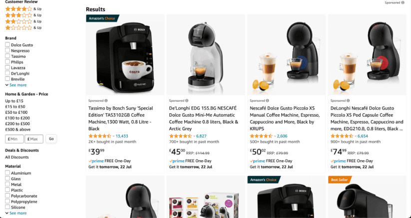 Amazon product listing page for 'Coffee pod machine'.