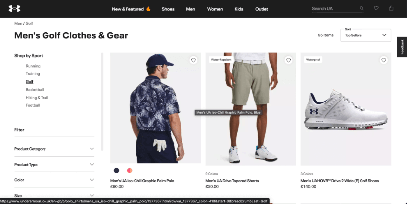 Under Armor product listing pages for Golf Clothes & Gear.