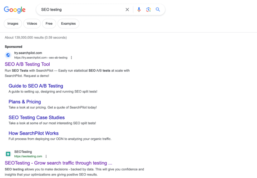 A screenshot of a Google search results page for the query 'SEO testing'. The page displays links to various SEO testing tools and guides, with the top result being a sponsored link to a website offering an SEO A/B Testing Tool.
