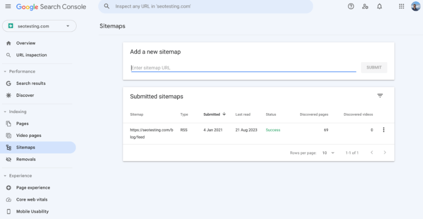 Google Search Console Sitemaps tab.