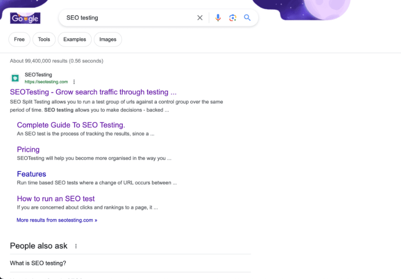 Google SERP for the query 'seo testing'.