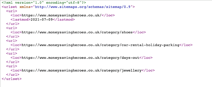 Screenshot of a sitemap.xml file.