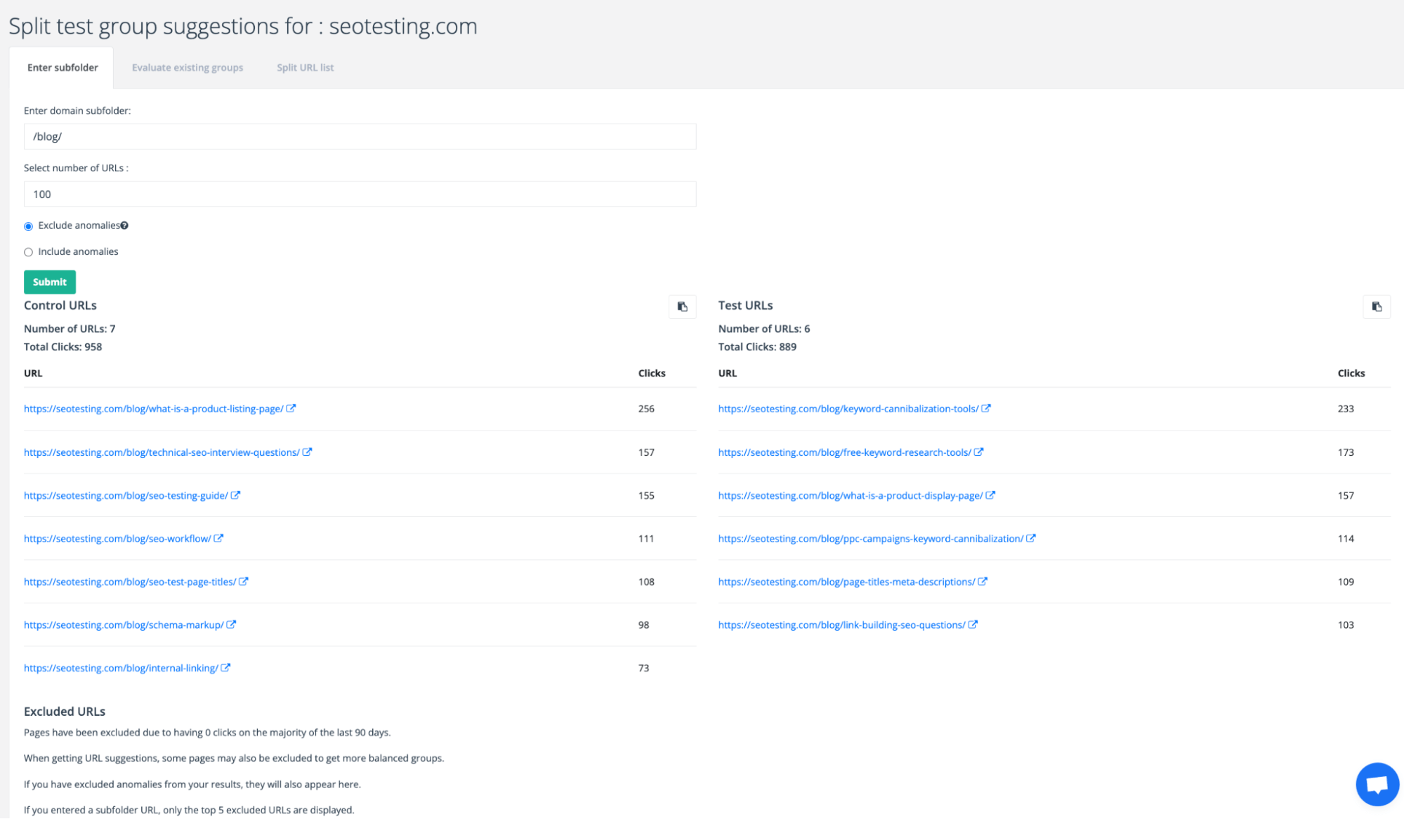 Screenshot of SEO testing software split test group suggestion page showing control and test URLs.