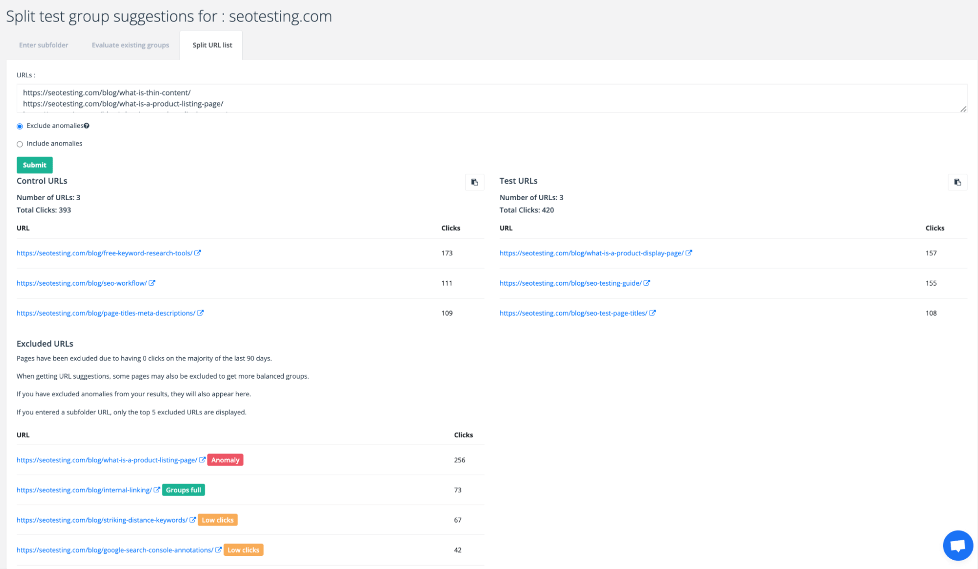 Detailed view of SEO split test configuration interface displaying URL lists and click metrics