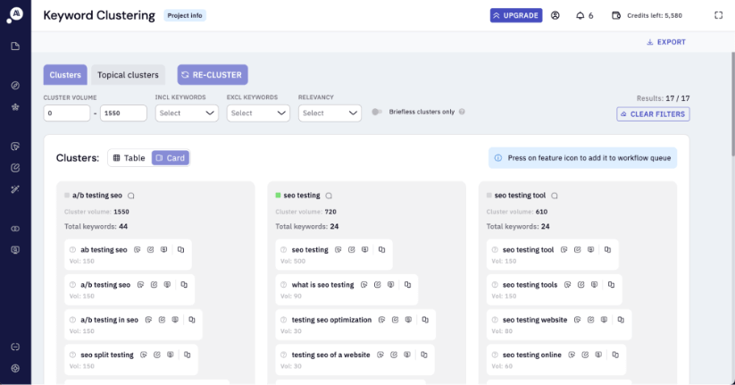 Keyword Clustering interface showing various SEO related clusters with volume and total keywords information.