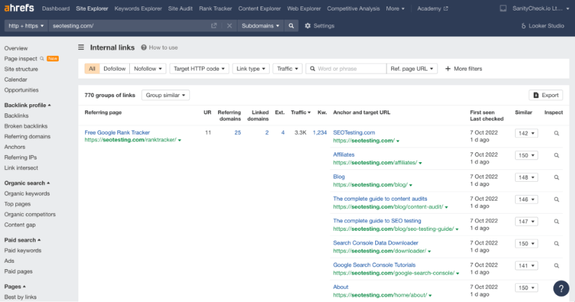 Screenshot of the Ahrefs dashboard displaying internal links analysis for the website seotesting.com, showing various metrics like UR, referring domains, and traffic for different URLs.