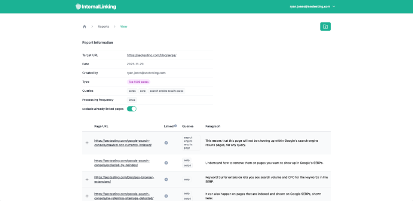 Screenshot of the InternalLinking interface showing data including target URL, report creation date, queries, and processing frequency.