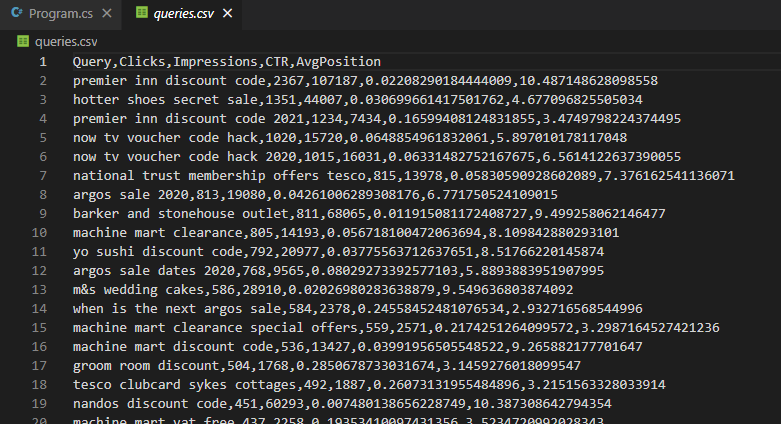 csv queries file in Visual Studio Code