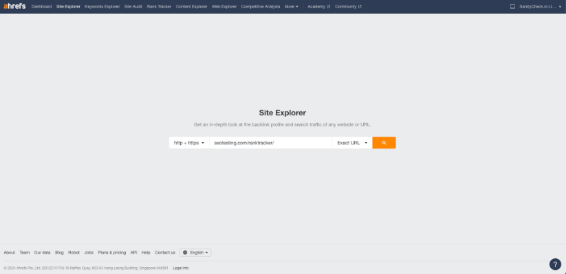 Ahrefs Site Explorer search bar ready to analyze the backlink profile and search traffic of 'seotesting.com/ranktracker/' URL.
