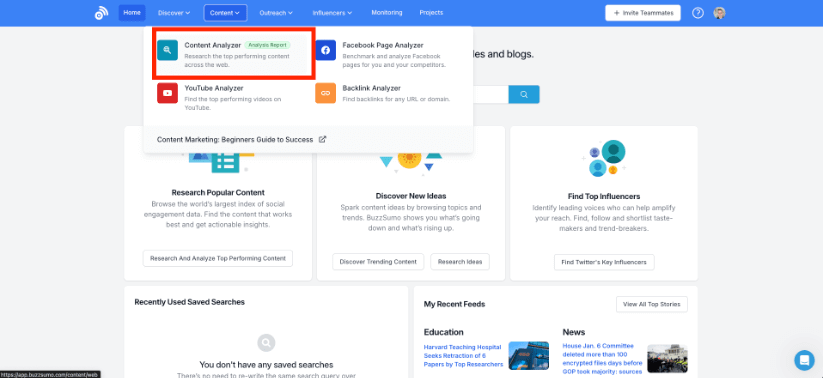 BuzzSumo interface with the Content Analyzer tool highlighted, offering research on top-performing content across the web, set against a homepage backdrop.