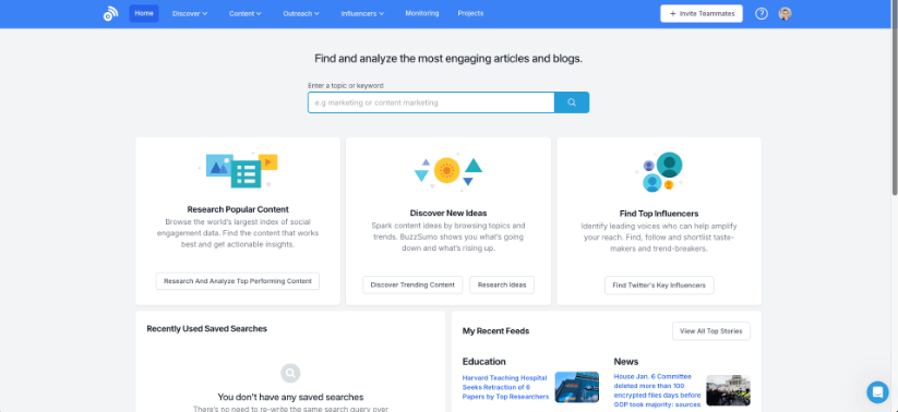 BuzzSumo homepage showcasing features for researching popular content, discovering new ideas, and finding top influencers with a search bar for entering topics or keywords.