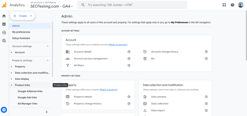 The admin panel in Google Analytics 4 showing account settings, property settings, and product links for configuration.