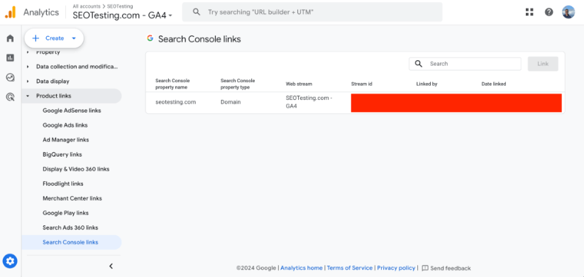 Details of the Search Console links in Google Analytics 4, showing a linked domain and web stream.