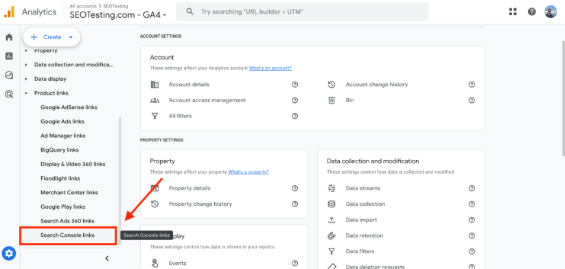 Google Analytics 4 admin section highlighting the Search Console links option with an arrow pointing to it.