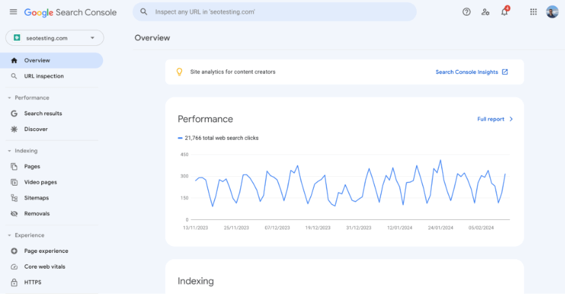 Google Search Console overview graph displaying total web search clicks over a period of time.