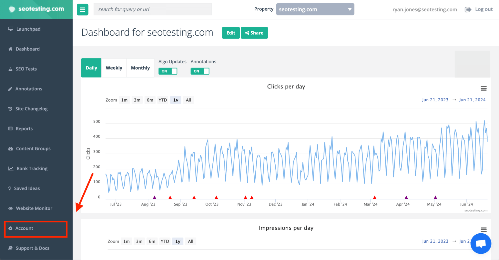 SEOTesting dashboard showing clicks and impressions per day with account tab highlighted in the sidebar. 