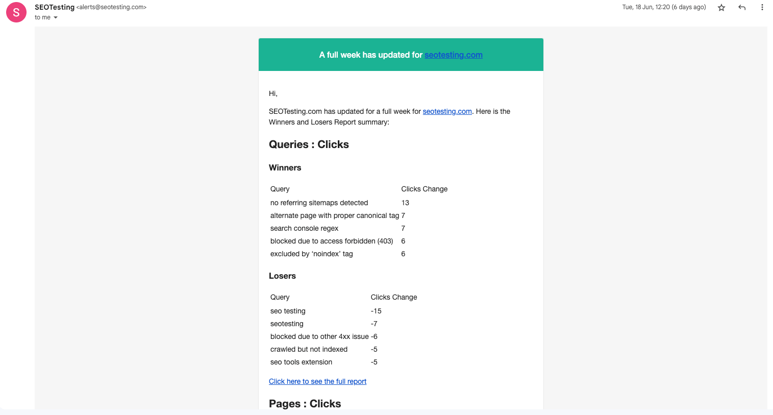 SEOTesting email alert showing weekly update with winners and losers report summary for a domain. 