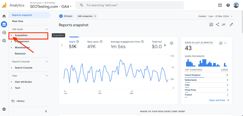 Google Analytics 4 interface showing the Acquisition tab.