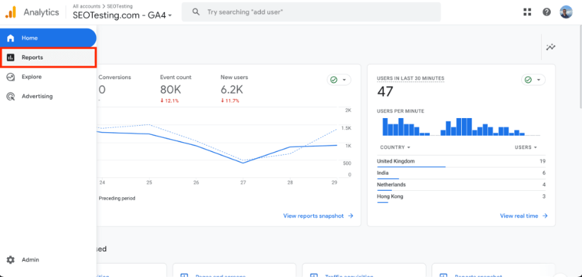 Google Analytics 4 screenshot highlighting the Reports tab.