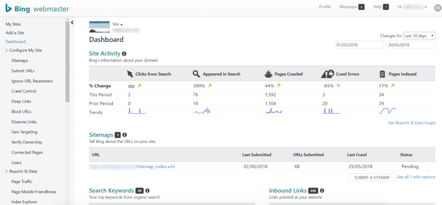 Bing Webmaster Tools dashboard showing search performance, SEO reports, and URL submission data.