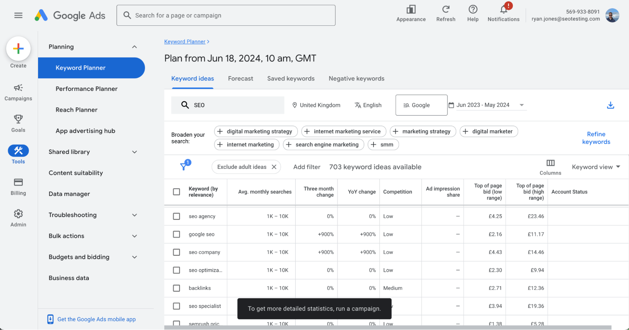 Google Ads Keyword Planner showing keyword ideas and statistics for SEO related terms.