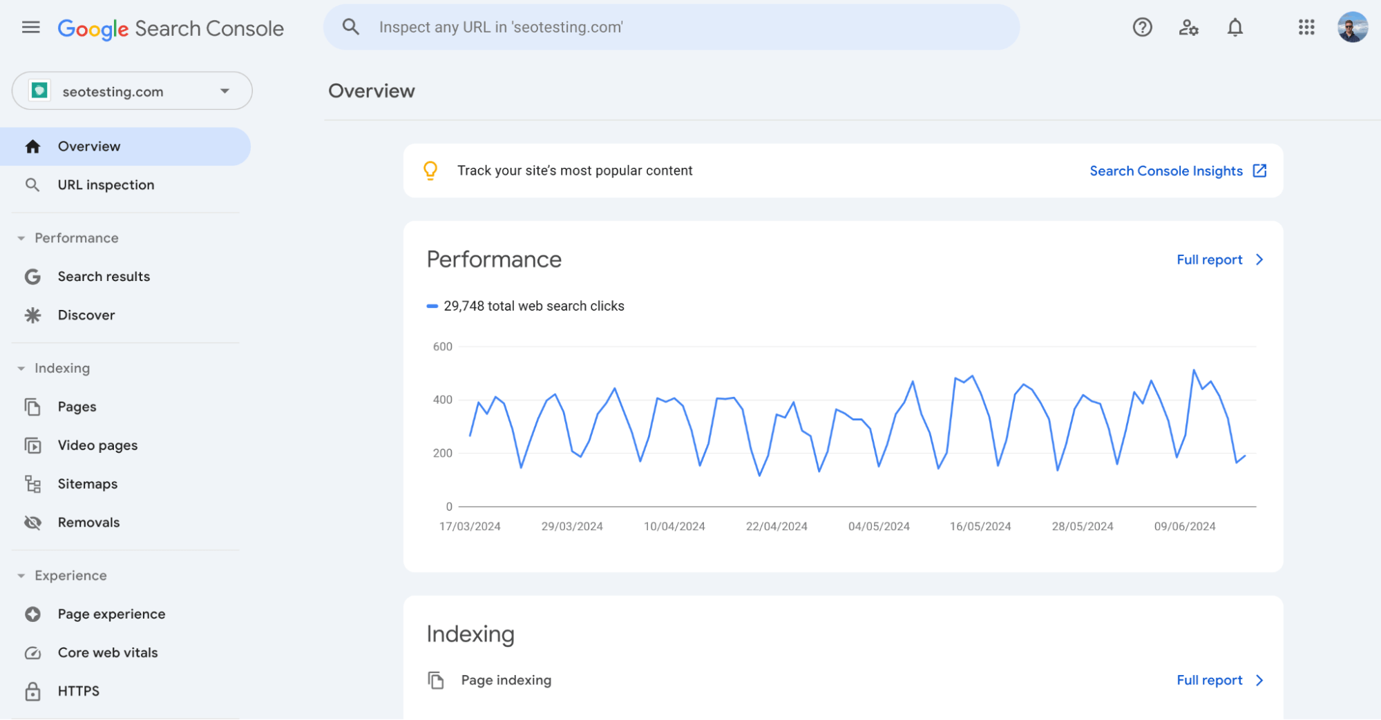 Google Search Console overview showing performance and indexing data in a dashboard format.