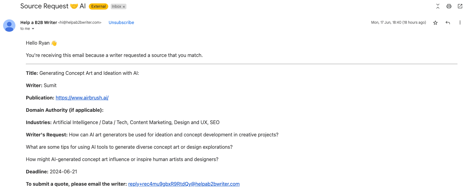 Email from Help a B2B Writer with a source request related to generating concept art and ideation with AI.