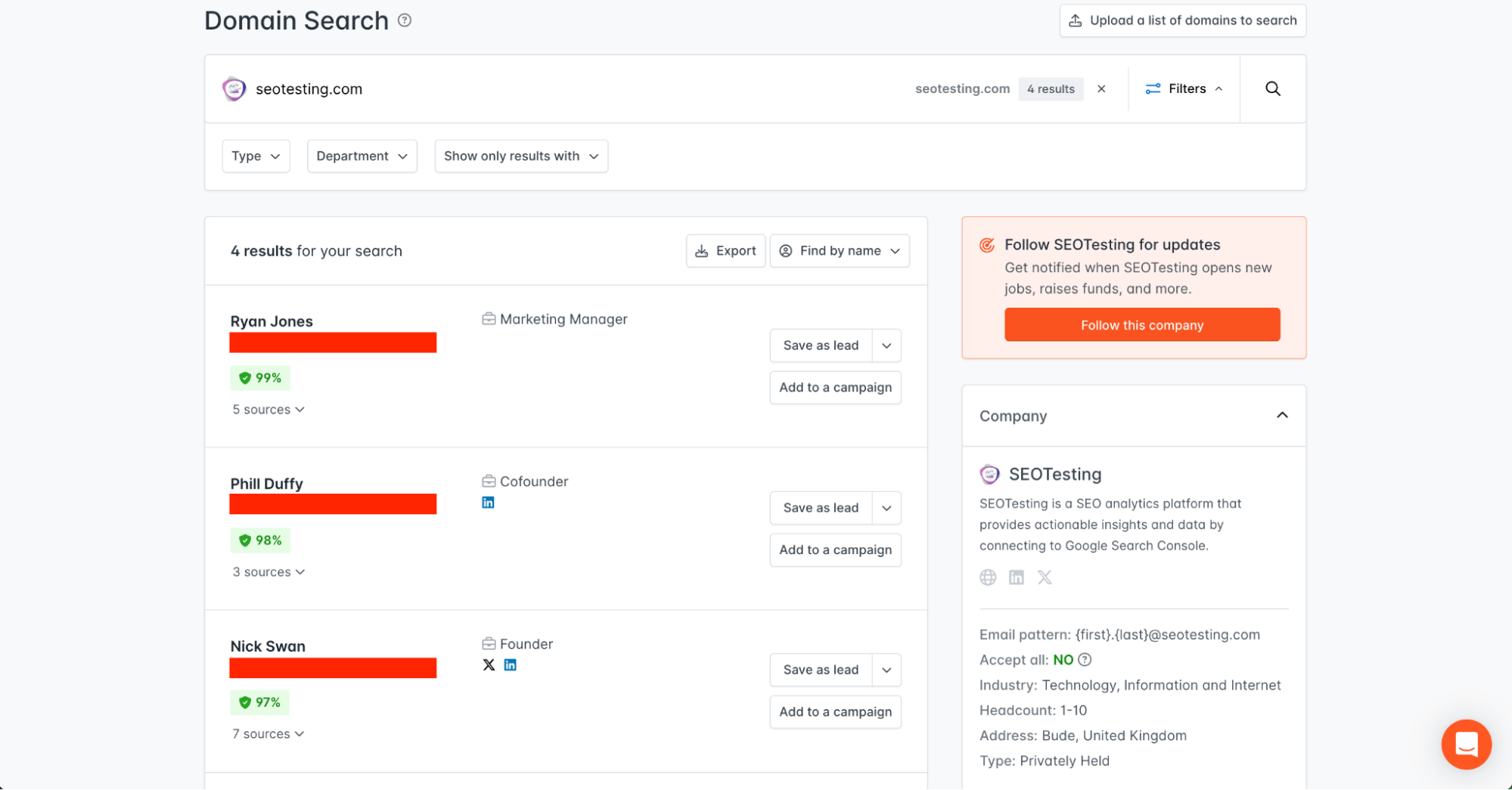 Hunter.io domain search results showing contact information and positions for people associated with seotesting.com.