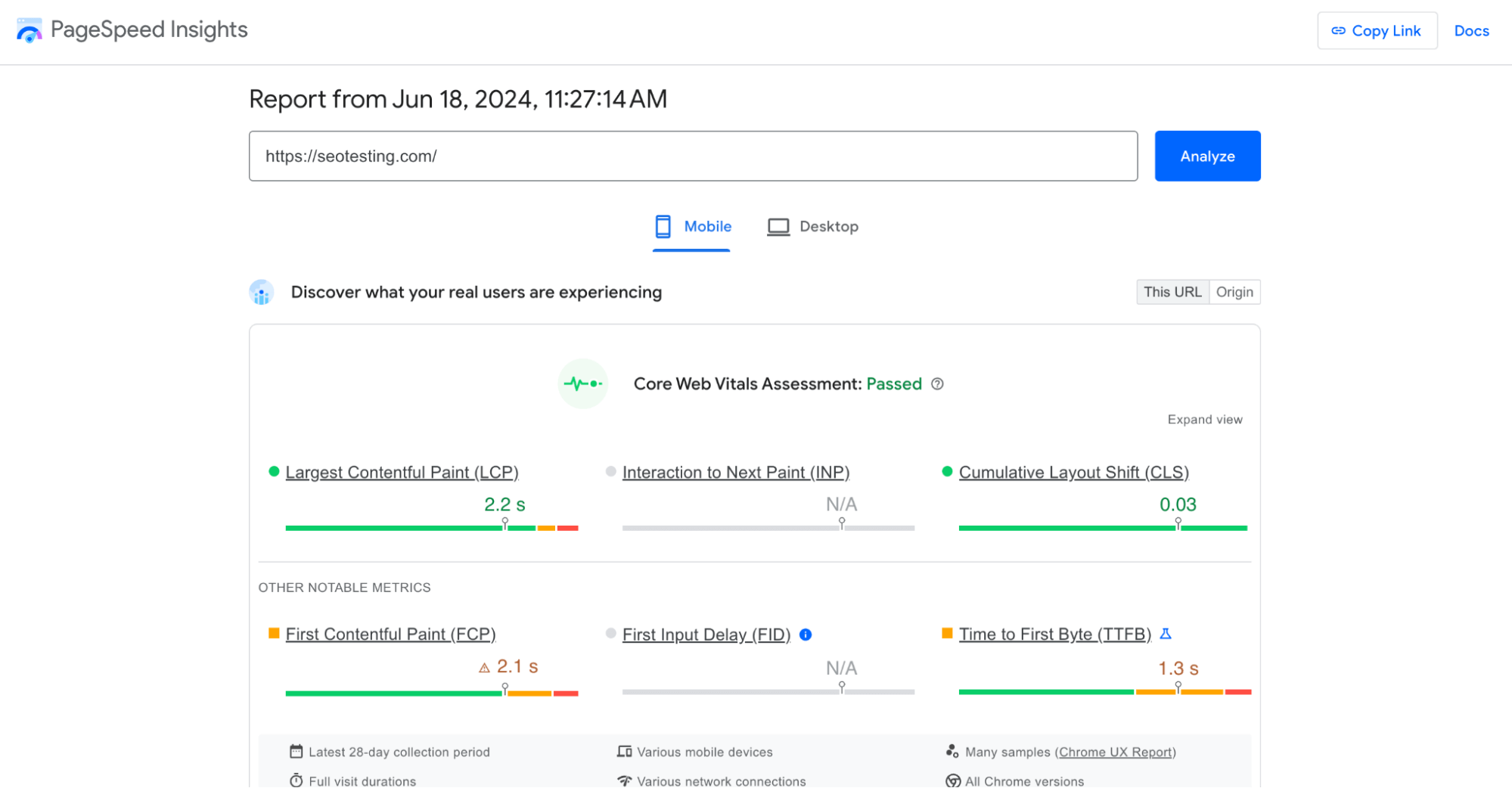 PageSpeed Insights report showing core web vitals assessment and performance metrics for a mobile version of a website.