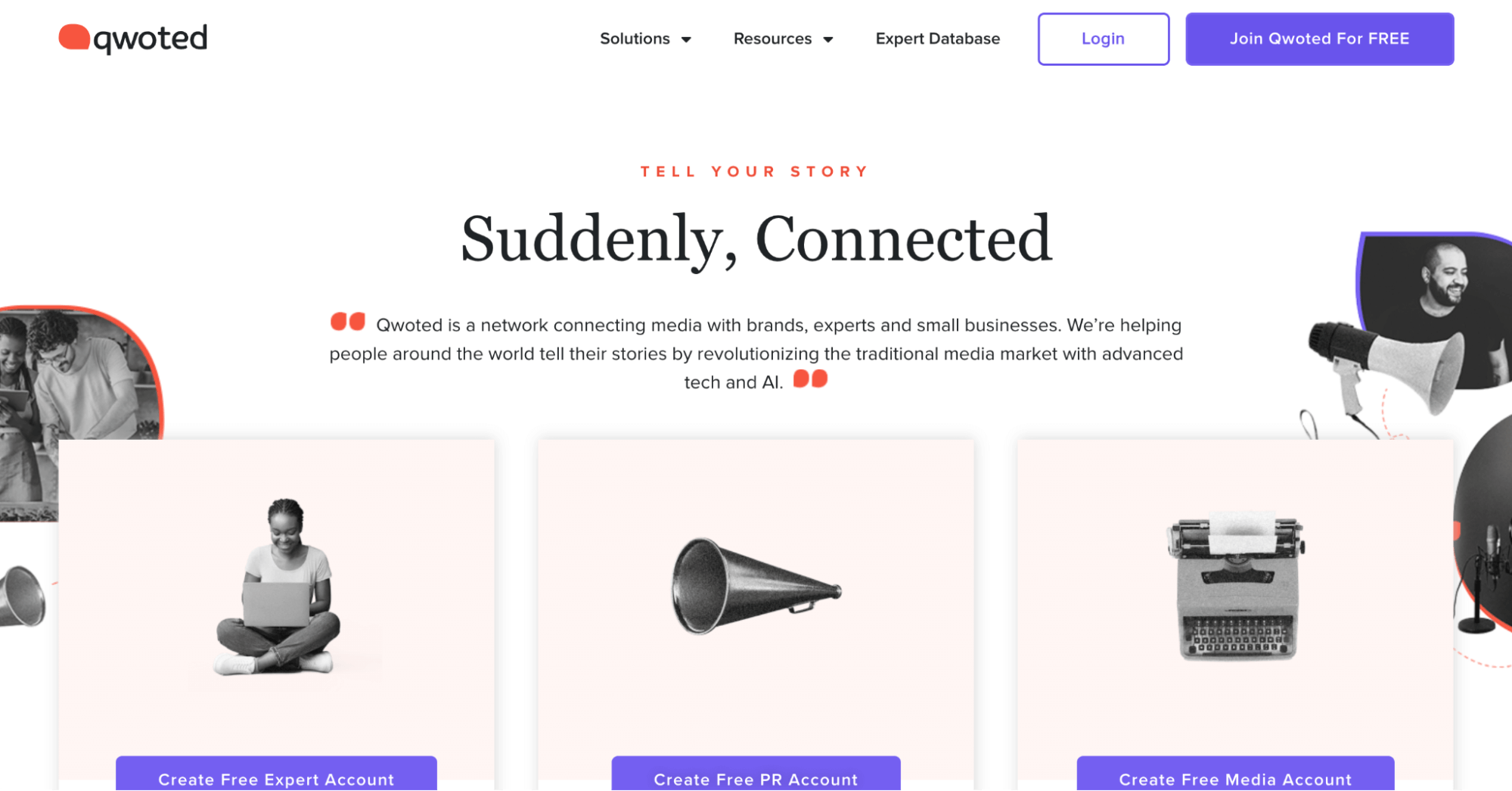 Qwoted homepage showing options for creating free expert, PR, and media accounts to connect with brands and experts.