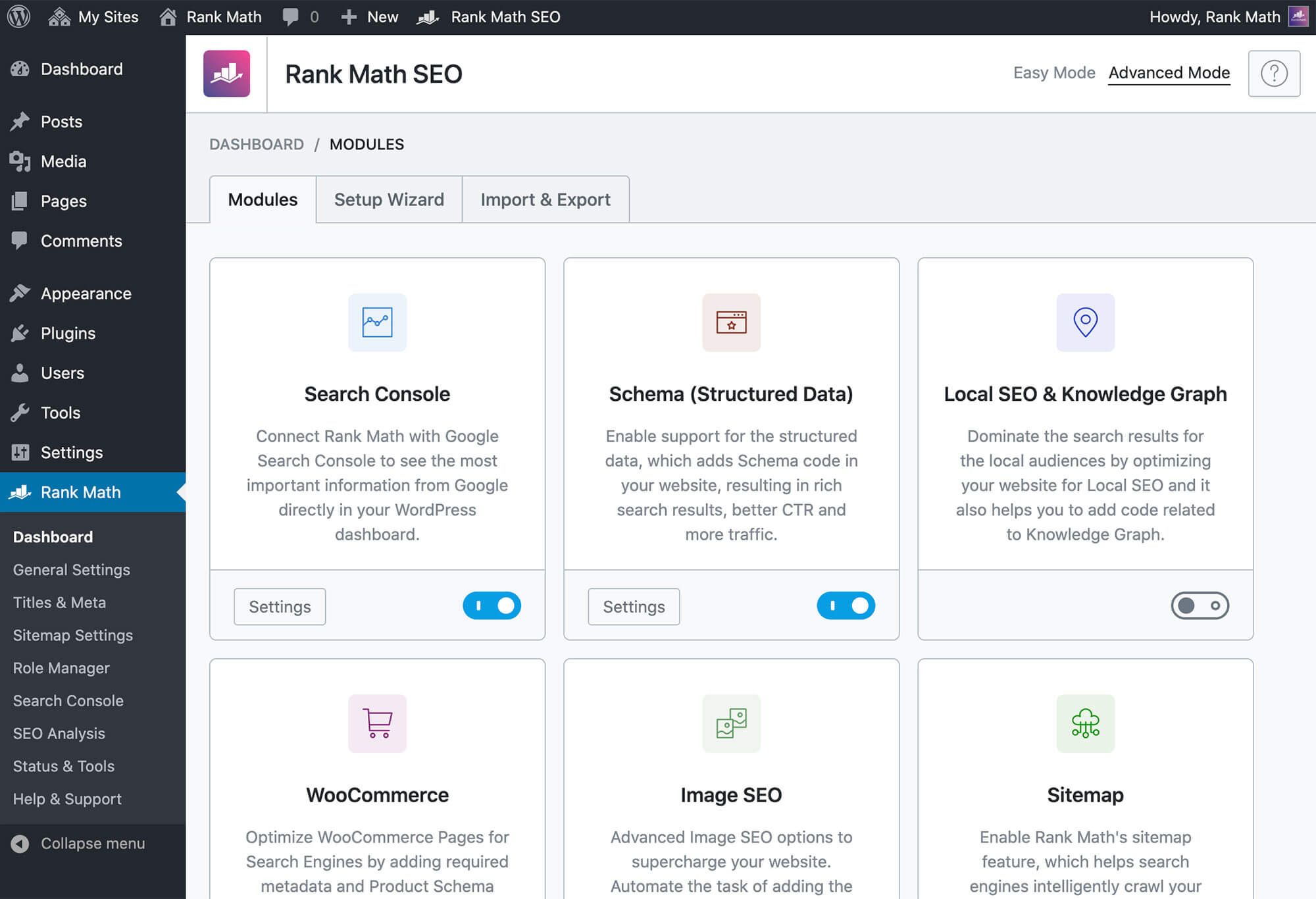 Rank Math SEO plugin dashboard showing various modules for SEO settings and tools in WordPress.