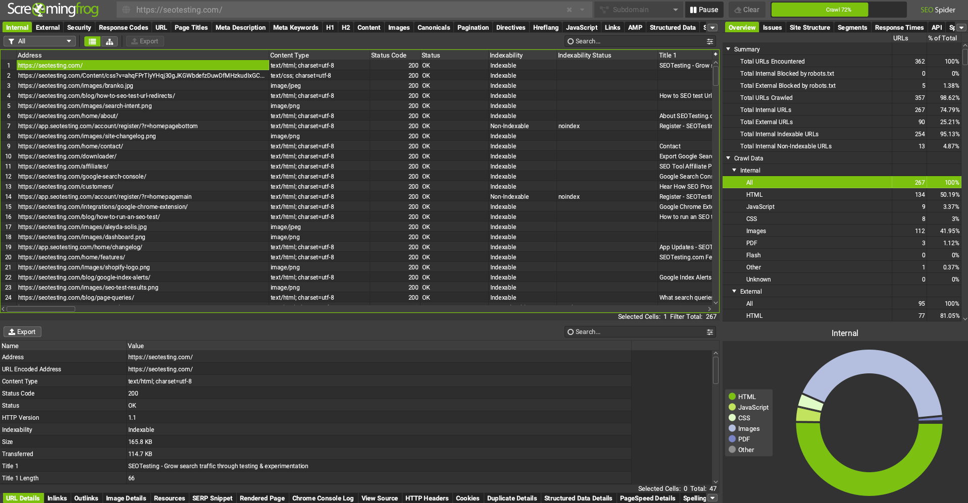 Screaming Frog SEO Spider tool displaying crawl data, including URLs, status codes, and various metrics.