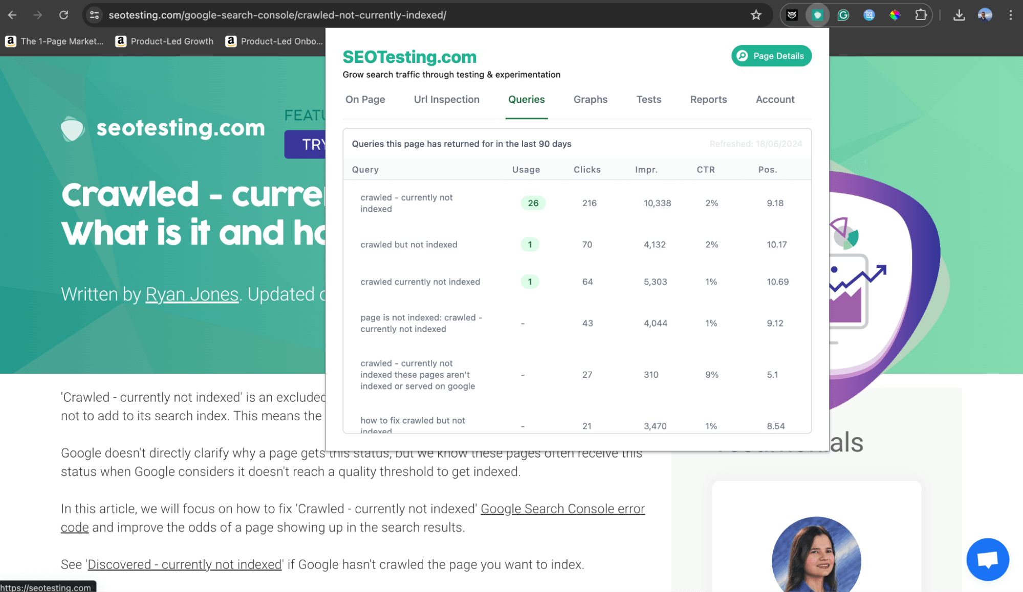 SEOTesting Chrome extension showing query data for the current page with usage, clicks, impressions, and CTR metrics.